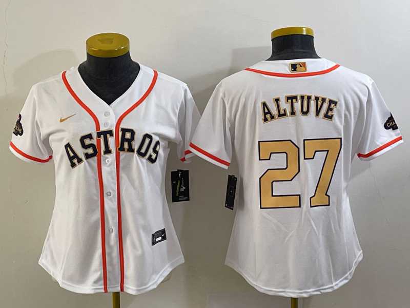 Women%27s Houston Astros #27 Jose Altuve 2023 White Gold World Serise Champions Patch Cool Base Stitched Jersey